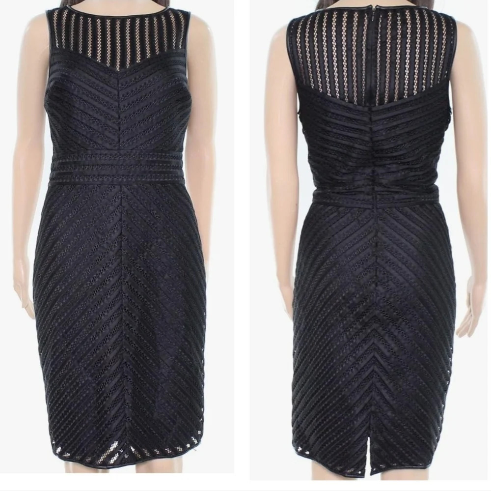 LRL Textured Chevron Scuba Sheath Dress, Vegan Leather Trim, Cage Neck, EUC! - Picture 1 of 14